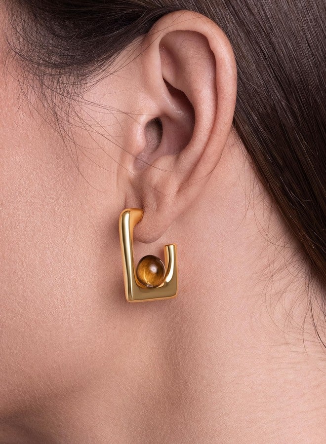 SNGIA Thin 18K gold plated Open Square Hoops Statement Earrings with Brown Tiger Eye Stone for Women by SNGIA, Small Bold Handmade Exaggerated Irregular Trendy Jewelry Gifts, Simple Geometric Post Hoop Huggie Summer Beach Fashion Earrings Accessories, Dainty Vintage Nickle Free Dangle Earrings. - Image 4